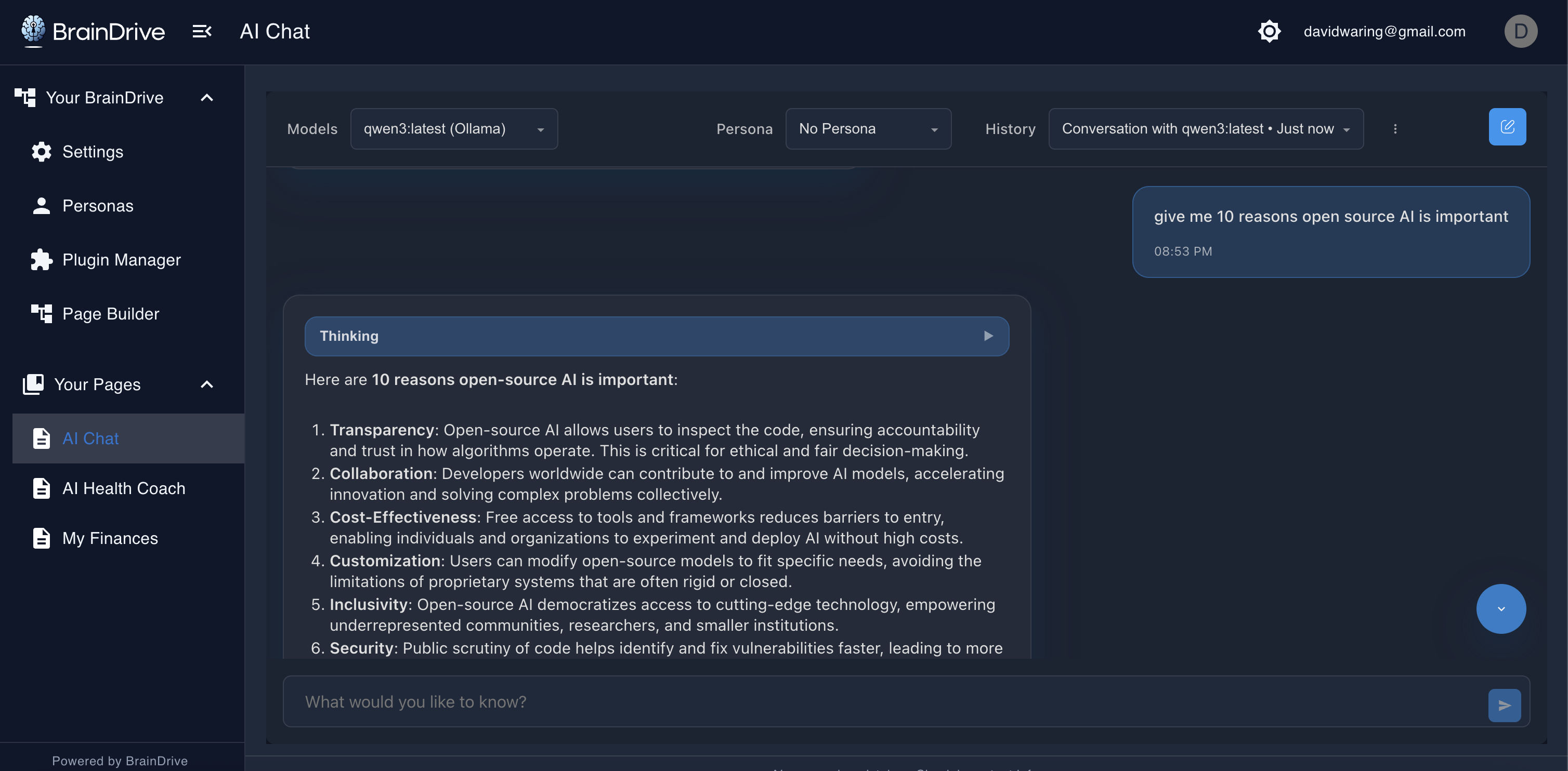 BrainDrive chat interface with plugin manager and page builder panes