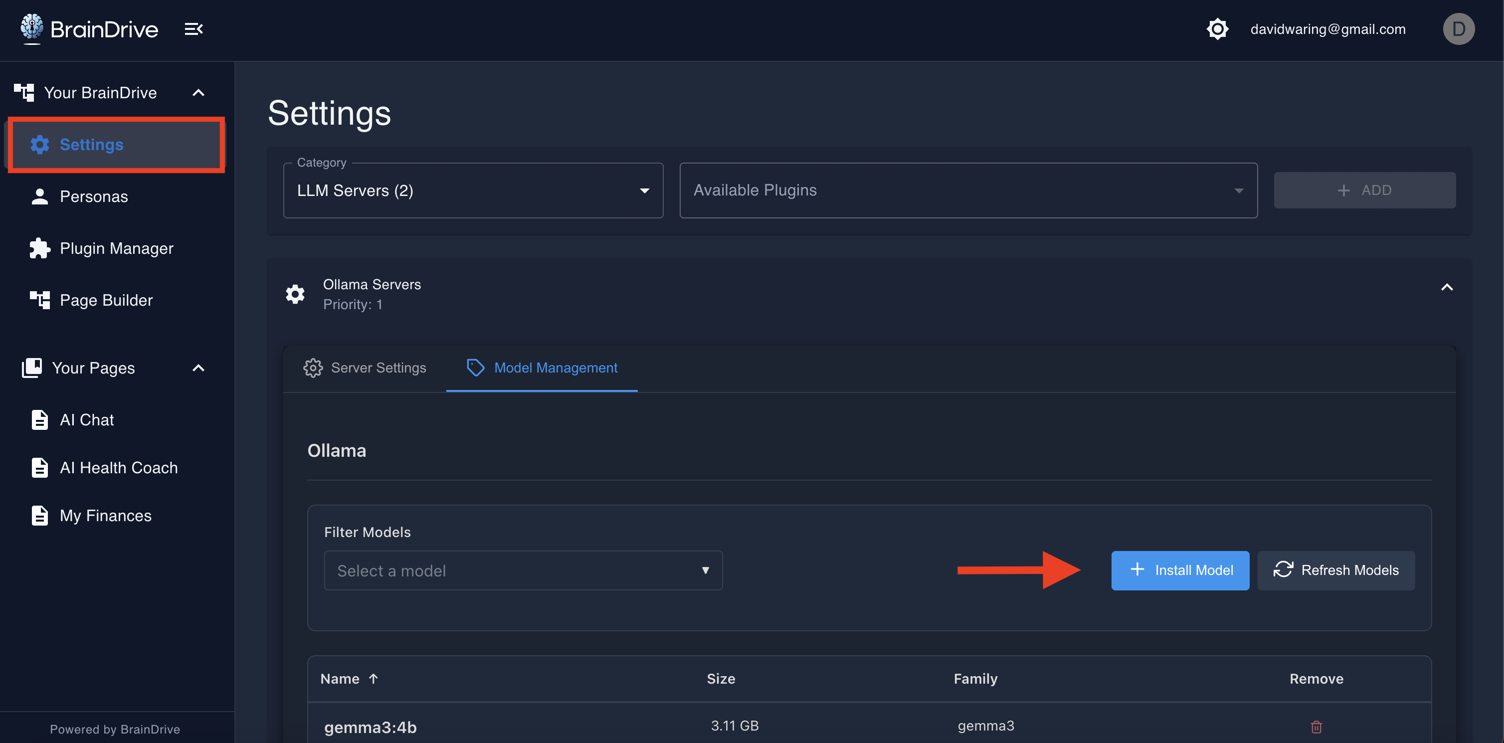 BrainDrive Ollama Settings Page